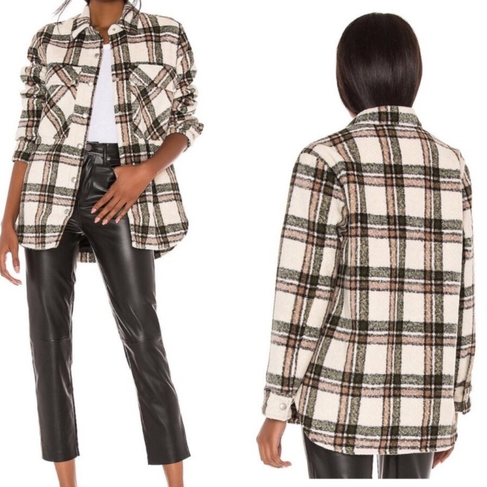 Blank NYC Plaid Snap Up Shirt Jacket Size XS Cream/Black/Pink/Tan NWOT